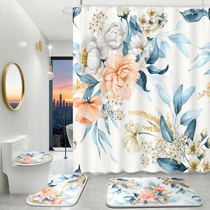 16 PCS Floral Bathroom Shower Curtain Set with Rugs 12 Metal Hooks,72 x 72"