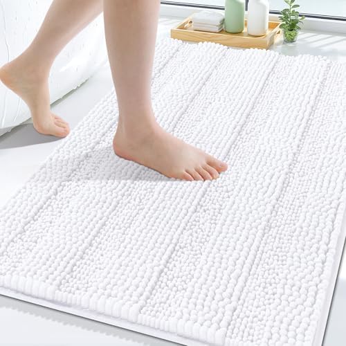 Grandaily Chenille Striped Bathroom Rugs 59x35, Extra Thick and Soft Absorbent Bath Mats, Rubber Backing, Plush Shaggy Shower Carpet, Machine Wash Dry, Bath Rug for Bathroom, Solid White