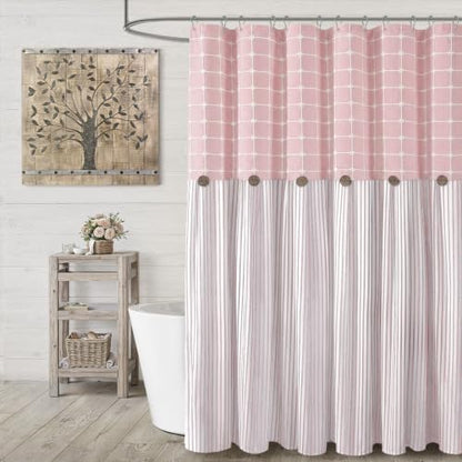 Farmhouse Shower Curtain Button Plaid-Pink-Pink Stripe 72"W x 72"L