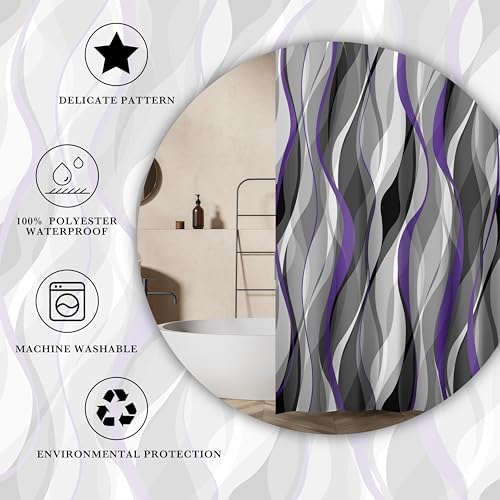 Purple and Grey Shower Curtain for Bathroom Purple and Black Shower Curtain Fabric Modern Abstract Striped Minimalist Bath Curtains Waterproof Shower Curtains Set, Black Gray Purple, 72 x 72 Inch