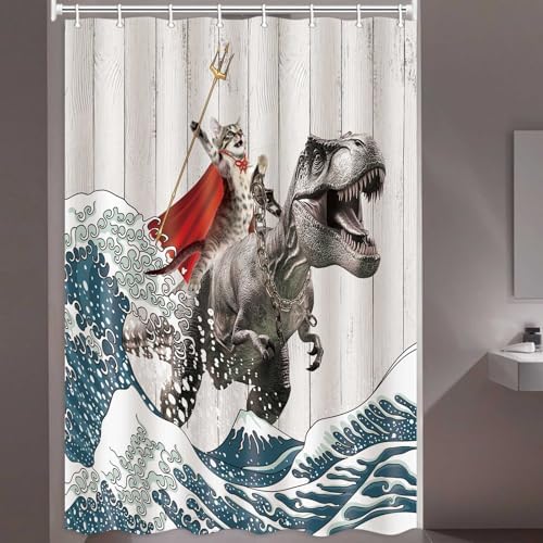 Funny Cat Shower Curtain, Cool Cat Dinosaur Japanese Ocean Wave Shower Curtain, Cat Riding Dinosaur Fun Shower Curtain Nautical Kids Children Rustic Wooden Farmhouse Shower Curtain, 47X64inch, Brown