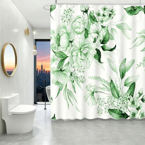 Floral Flower Green Shower Curtain with 12 Hooks,120GSM 72x72