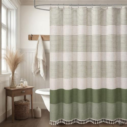 Sage Green Boho Linen Striped Shower Curtain with Tassel 60"W X 72"L