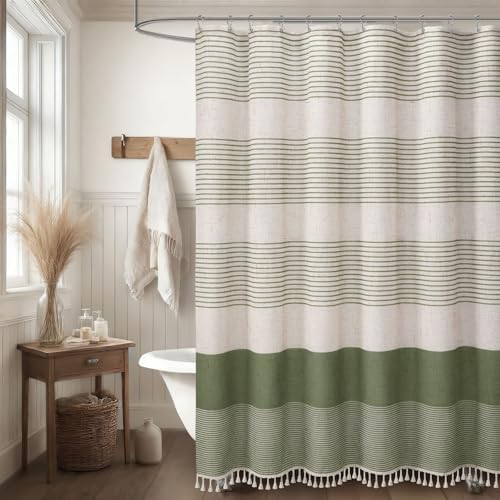 Sage Green Boho Linen Striped Shower Curtain with Tassel 72"W X 78"L