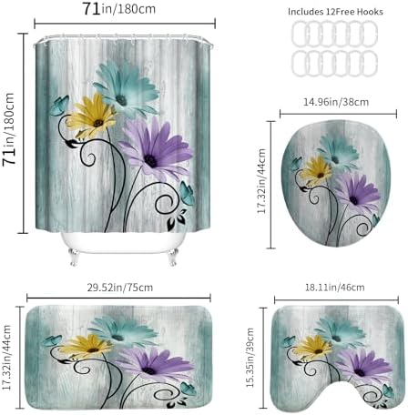 Onalasyc 4PCS Blue Green Daisy Bathroom Sets with Shower Curtain and Rugs