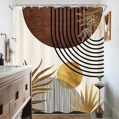 Mid Century Brown Boho Abstract Modern Retro Bathroom Shower Curtain Set