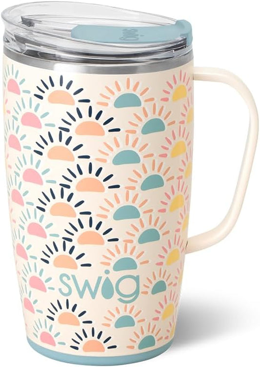 Swig Life 18oz Travel Mug, Insulated Tumbler with Handle and Lid, Cup Holder Friendly, Dishwasher Safe, Stainless Steel, Travel Coffee Cup (Sun Chaser)