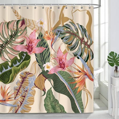 Tropical Shower Curtain Waterproof Fabric Bathroom Curtain with Hooks 72x72 inch, Colorful Floral Jungle Plant Leaf Bathroom Decor