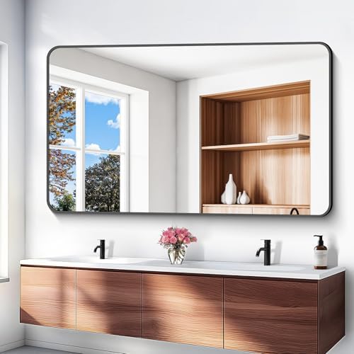 BONEWEI 60x36 inch Large Bathroom Mirror,Black Rectangle Mirror,Wall Mounted Bathroom Frame Vanity Mirror with Round Corner for Bedroom Living Room, Entryway Hangs Horizontal or Vertical
