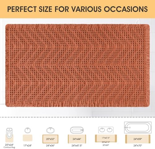 Upgrade Waffle Bath Mat, Boho Bathroom Rugs Absorbent Non Slip, Ultra Soft Bathroom Mat, Machine Washable Knit Bath Rugs with Herringbones for Bathroom, Bedroom, Kitchen, Tub, 36"x24", Burnt Orange