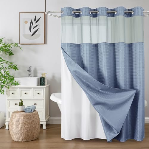 Colorful Star Moonlight Blue No Hook Waffle Shower Curtain Set, 72 x 75 in