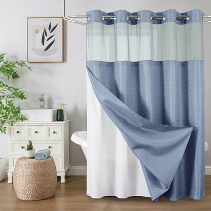 Colorful Star Moonlight Blue No Hook Waffle Shower Curtain Set, 72 x 75 in