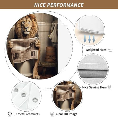 Farmhouse Funny Lion Shower Curtain for Bathroom 72W*72H Inch Brown Humor Animal Reading on Toilet Bathtub Decor Boho Western Country Animal Waterproof Polyester Fabric Set with 12 Hooks