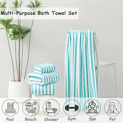 4 Pcs Turquoise Large Stripe Bath Sheets 35"x70" Extra Large Bath Towels Oversized Cabana Stripe Jumbo Towels for Bathroom Soft Highly Absorbent Quick Dry Beach Chair Towels for Hotel and Spa