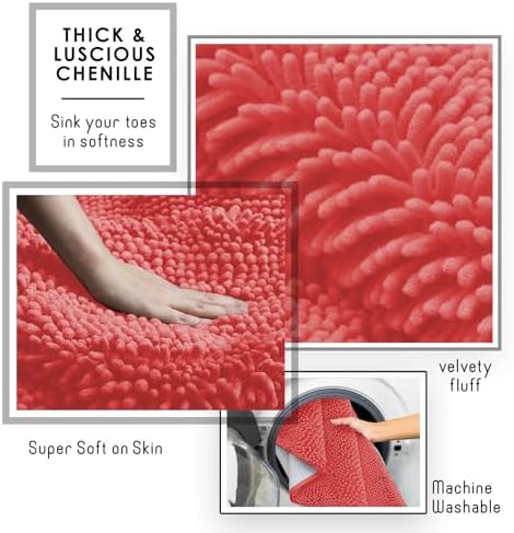 Hearth & Harbor Bathroom Rugs, Chenille Bath Mat - Machine Washable Bath Mats for Bathroom Non-Slip Backing Rubber, Quick Dry Bathroom Mat