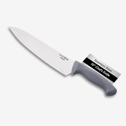 Restaurantware Comfy Grip 10 Inch Chef's Knife 1 Sharp Cooking Knife - Ergonomic Handle Non-Slip Grip Gray Stainless Steel Kitchen Knife Dishwashable Slice Dice Mince or Chop Ingredients