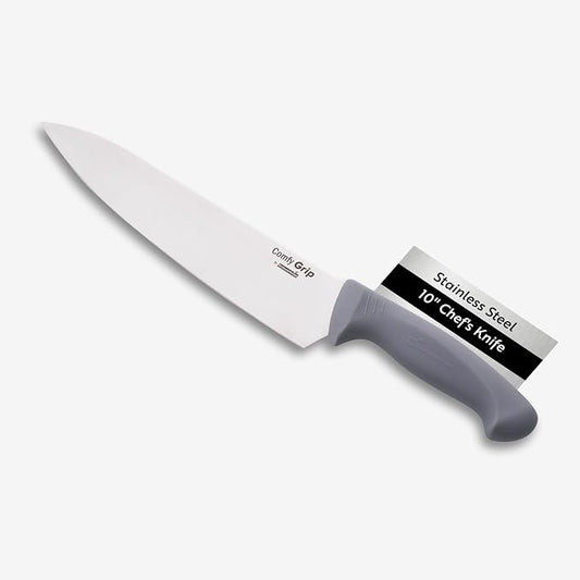 Restaurantware Comfy Grip 10 Inch Chef's Knife 1 Sharp Cooking Knife - Ergonomic Handle Non-Slip Grip Gray Stainless Steel Kitchen Knife Dishwashable Slice Dice Mince or Chop Ingredients