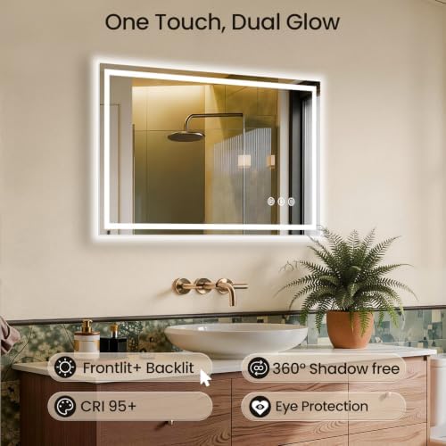 40"x32" LED Bathroom Mirror with Anti-Fog, Backlit & Front Lights, Memory