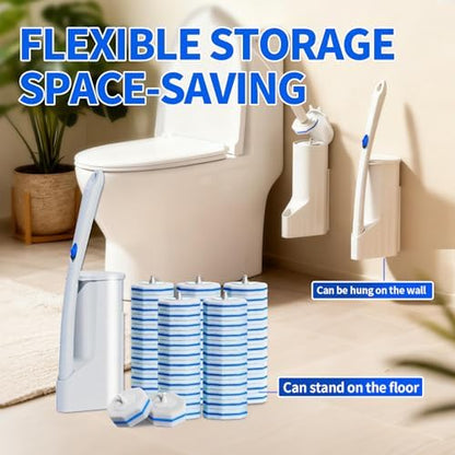 Disposable Toilet Brush Set with 60 Replacement Heads, Toilet Cleaning Replacement Pads, Starter Kit with Storage Case for Deep Cleaning and Hygienic Bathroom Maintenance