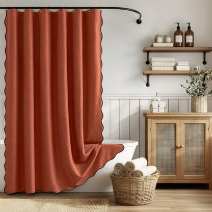 ANRODUO Burnt Orange Scalloped Linen Textured Shower Curtain, W72 x L108