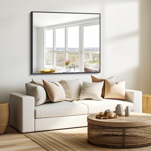BONEWEI Bathroom Mirror,36x40 inch Wall Mirror for Bathroom Wall Mounted Black Rectangle Square Corner Mirrors, Black Bathroom Mirror for Living Room, Farmhouse, Bedroom Entryway, Horizontal/Vertical