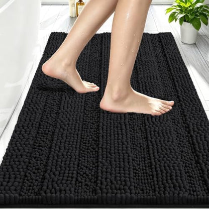 Smiry Thick Chenille Bathroom Rugs 30x20, Soft Absorbent Bath Mat, Black