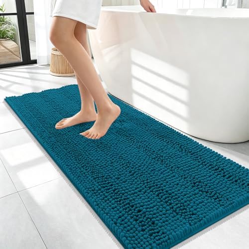OLANLY Thick Bathroom Runner Rugs 47x17, Chenille Bath Rugs, Peacock Blue