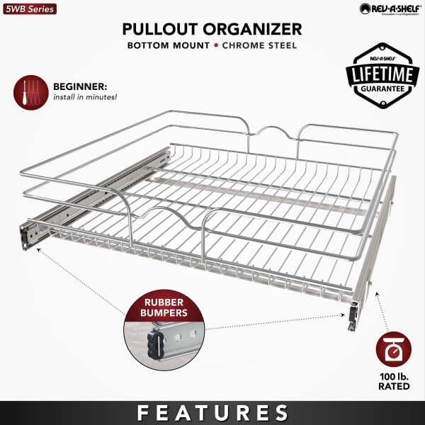 Rev-A-Shelf Steel Wire Pullout Drawer Organizer Shelf for Kitchen Cabinets, Slide Out Storage Basket, Min Opening Width of 23.5", 24" x 22", 5WB1-2422CR-1