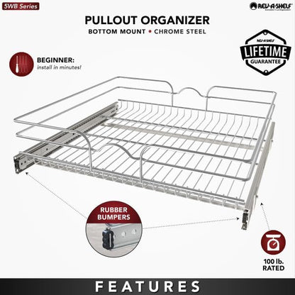 Rev-A-Shelf Steel Wire Pullout Drawer Organizer Shelf for Kitchen Cabinets, Slide Out Storage Basket, Min Opening Width of 23.5", 24" x 22", 5WB1-2422CR-1