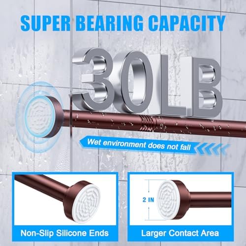 TEECK Shower Curtain Rod, 32-68 inch Adjustable Spring Tension Curtain Rod, Never Rust Anti-Slip Shower Curtain Rod for Bathroom, No Drilling, Never Collapse, Easy to Use, Brown
