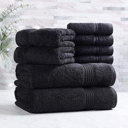Superior Egyptian Cotton 8-Piece Towel Set, Assorted Towels for Home Bathroom, Guest Bath Decor Essentials, Includes 2 Bath, 4 Hand, 2 Face Towels/Washcloths, Quick Dry, Absorbent, Black