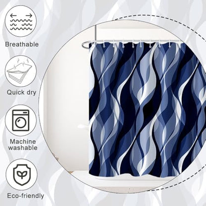 Navy Blue Striped Stall Shower Curtain with Hooks, 36x72 Inch