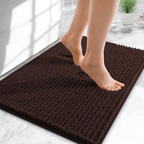 OLANLY Thick Chenille Small Bathroom Rugs 24x16, Absorbent Bath Mat, Brown