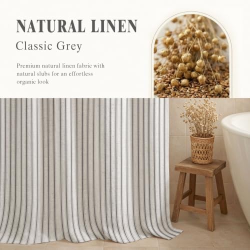 Farmhouse Striped Shower Curtain Grey Vintage Linen Curtain 72"W X 72"L