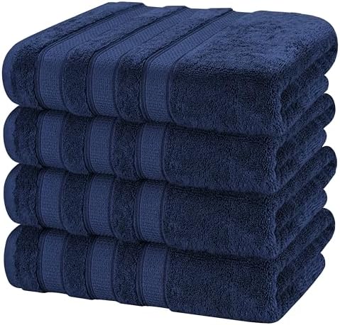 American Soft Linen Salem 100% Cotton Turkish 4 Piece Bath Towels for Bathroom, 600 GSM Soft Absorbent Quick Dry Bath Towel Set, Navy Blue