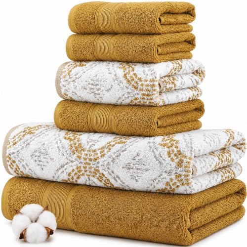 Modern Threads Capri 6-Piece Reversible Yarn Dyed Jacquard Towel Set - Bath Towels, Hand Towels, & Washcloths - Super Absorbent & Quick Dry - 100% Combed Cotton, Gold