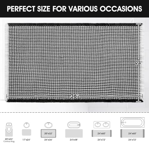 Upgraded Waffle Bath Mat, 36"x24" Black & White, Super Absorbent Non-Slip Quick Dry Bathroom Rugs with Tassels, Machine Washable Ultra Soft Boho Bath Rugs for Floor, Toilet Mats Boho Farmhouse Decor