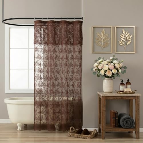 Brown Lace Shower Curtain 36x72, Narrow Stall with Attached Valance