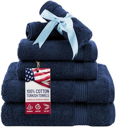 American Veteran Towel, 6 Piece Towel Set for Bathroom, 100% Cotton Turkish Bathroom Towels, 2 Bath Towels 2 Hand Towels 2 Washcloths, Navy Blue