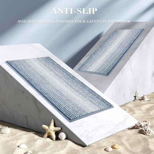 BSICPRO Large Bathroom Rugs Runner, 22x60 Striped Bath Mats, Fog Blue