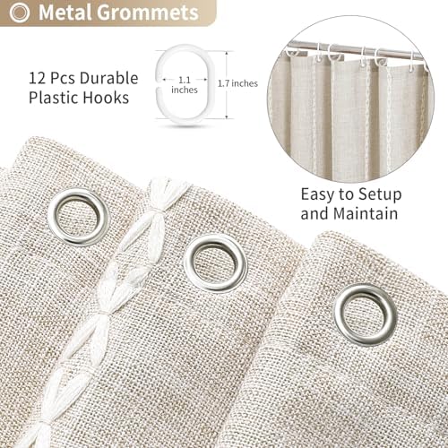 MitoVilla Boho Tassel Linen Shower Curtain,3D Embroidery Stripe Cream,72x84