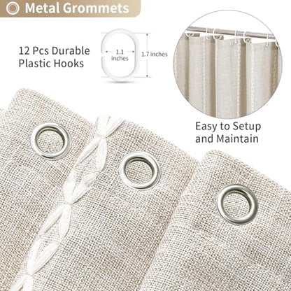 Boho Farmhouse Tassel Linen Shower Curtain,3D Embroidery Stripe Cream,72x96