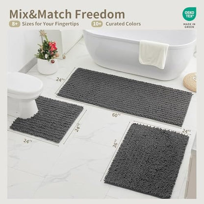 Bathroom Rugs Non Slip Washable 70x24, Extra Thick Soft Chenille Absorbent Bath Mat, High Density Barrier Non Slip Backing, Quick Dry Plush Shaggy Floor Carpet for Tub&Shower, Darkgrey