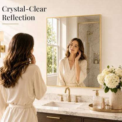 30"x36" Brushed Gold Framed Rectangle Bathroom Vanity Wall Mirror