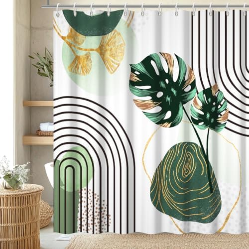 Boho Green Shower Curtain with Hooks for Bathroom 72x84 Inch
