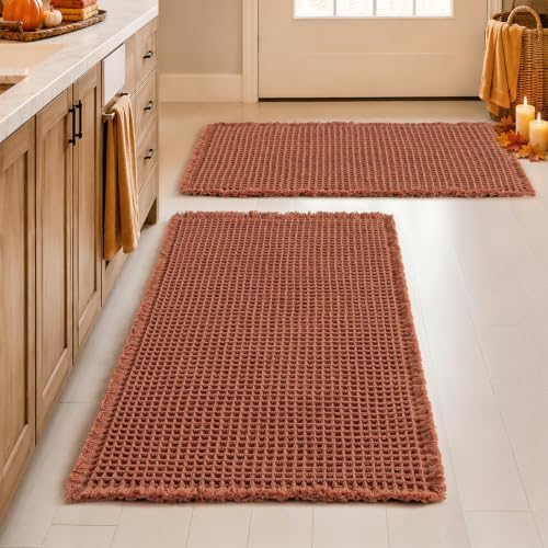 MIULEE Fall Rust Set of 2 Waffle Bathroom Rugs Boho Bath Mat 18x30 Inch