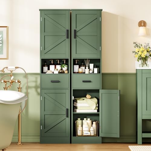 TEENFON 67" H Tall Bathroom Storage Cabinet with Barn Doors and Drawer
