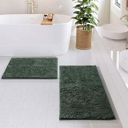 Hearth & Harbor Bathroom Rugs, Chenille Bath Mat - Machine Washable Bath Mats for Bathroom Non-Slip Backing Rubber, Quick Dry Bathroom Mat, 17 x 24 + 20 x 32 - Hunter Green