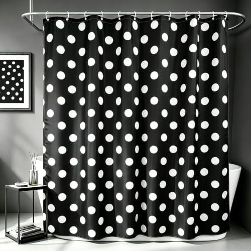 Polka Dots Shower Curtain, Black White Waterproof Fabric Shower Curtain for Bathroom with Modern Abstract Geometric Circle Bath Curtain Decor with Hooks, Machine Washable, 72''Wx84''L