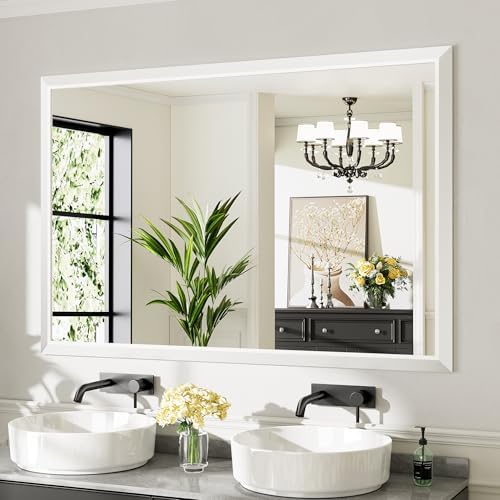 Briivue Bathroom Wall Mirror, White Metal Frame, 60x40 Inch
